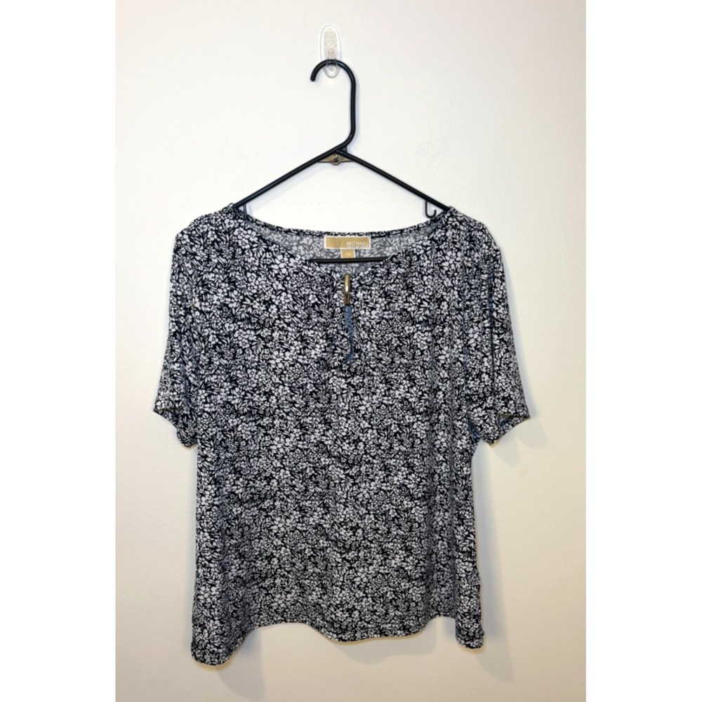 Michaelβ Kors Floral Black and White Top Women's Large with Gold Accent
